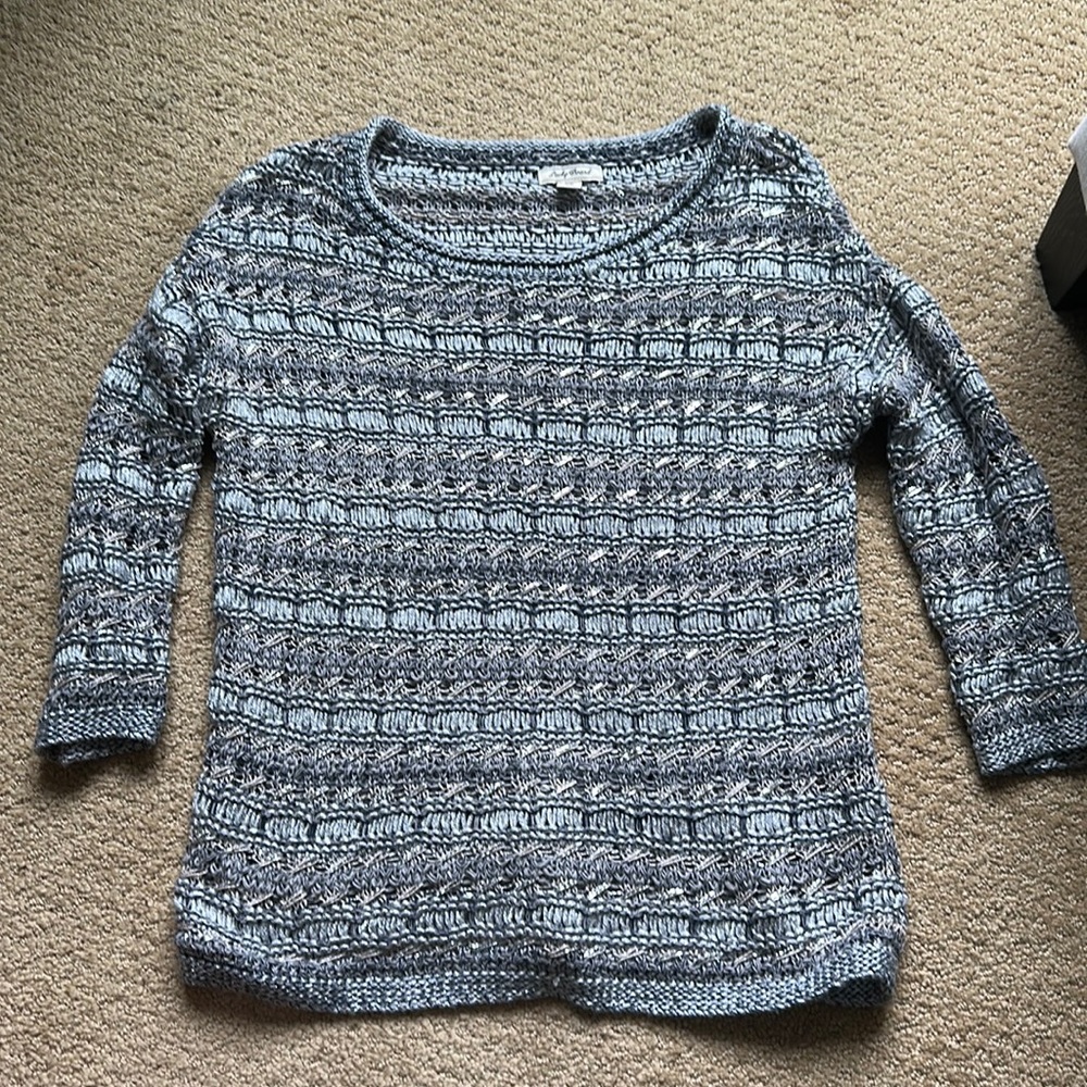 Lucky Brand grey and blue knit sweater quarter sleeves